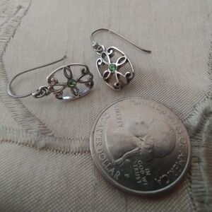 Elegant Silver Tone and Green Gemstone Earrings
